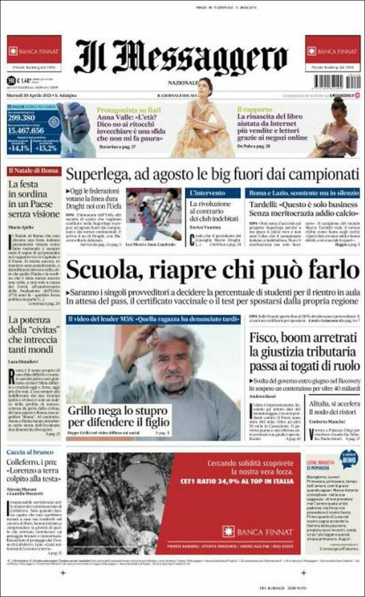 Portada de Il Messaggero (Italia)