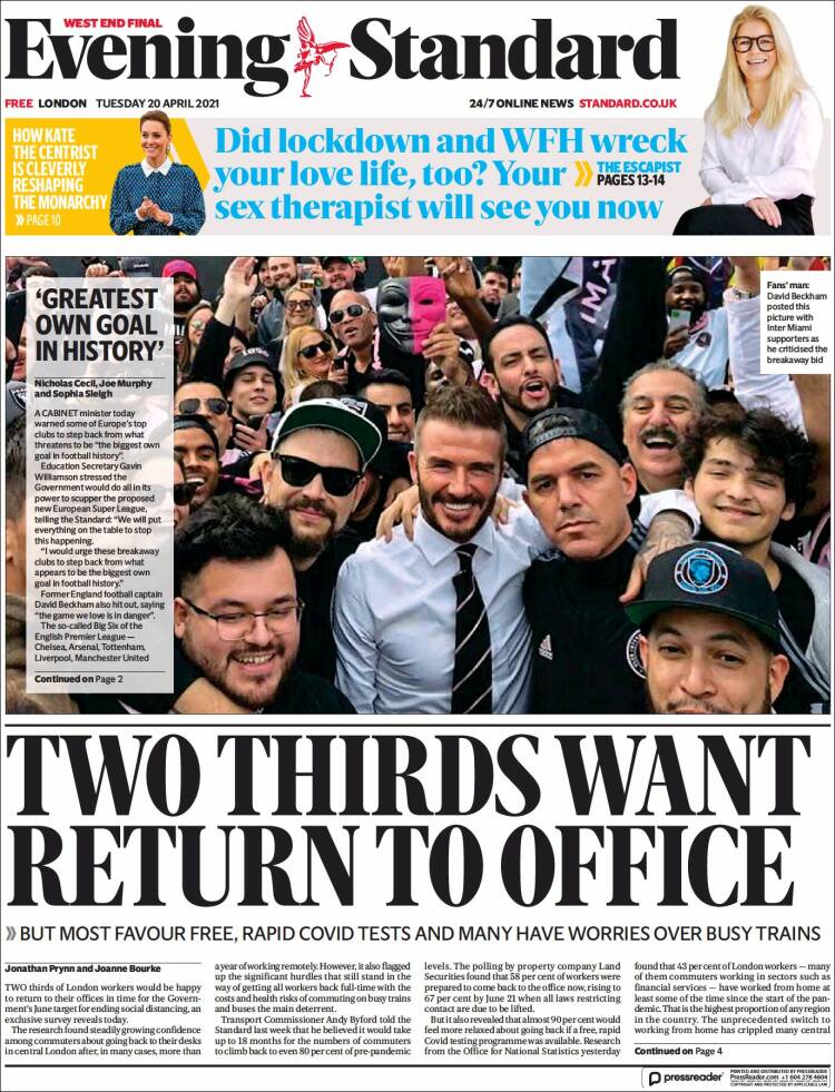 Portada de Evening Standard (Reino Unido)