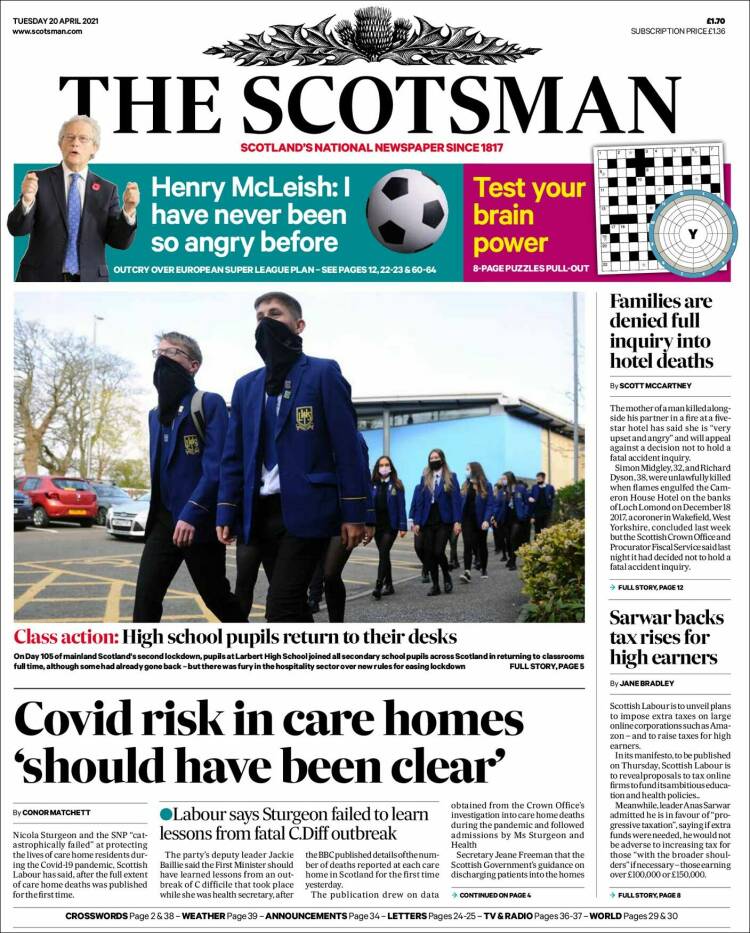 Portada de The Scotsman (Reino Unido)
