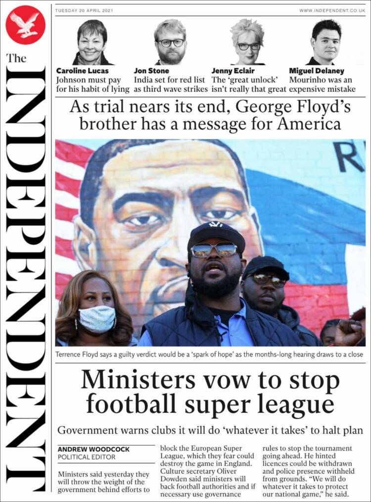 Portada de The Independent (Reino Unido)