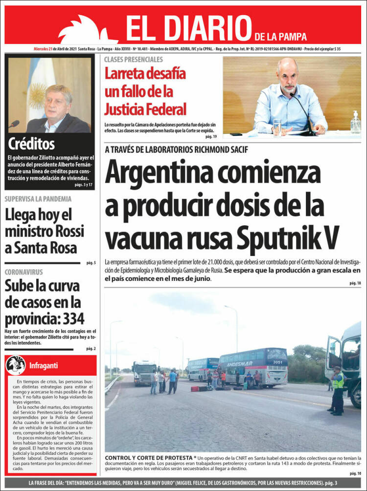 Portada de Diario de La Pampa (Argentina)