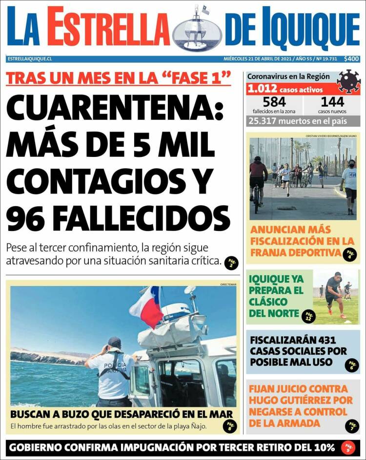 Portada de La Estrella de Iquique (Chile)