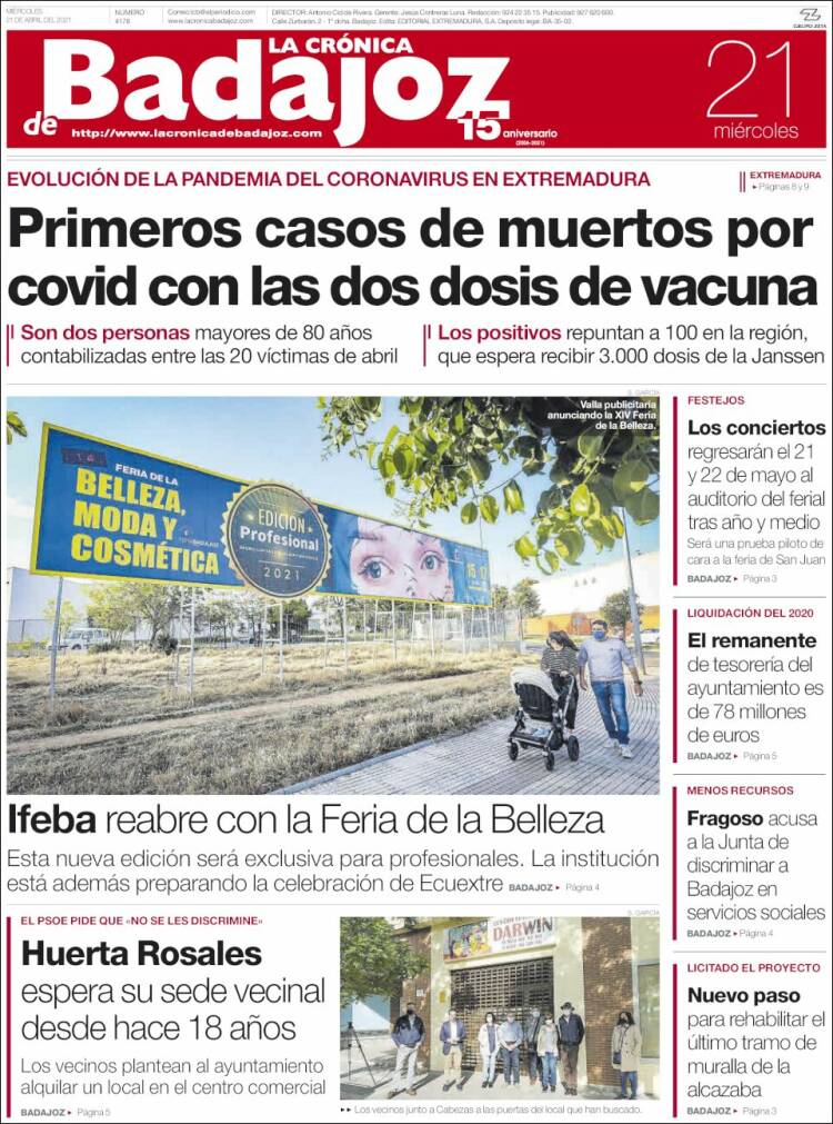 Portada de La Crónica de Badajoz (España)