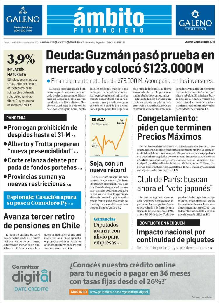 Portada de Diario Ambito Financiero (Argentina)
