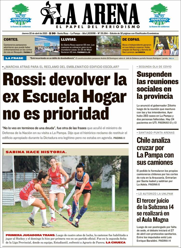 Portada de Diario La Arena (Argentina)
