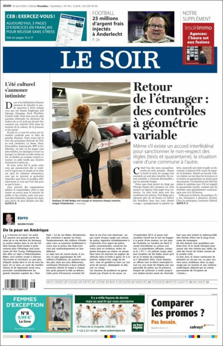 Portada de Le Soir (B&eacute;lgica)