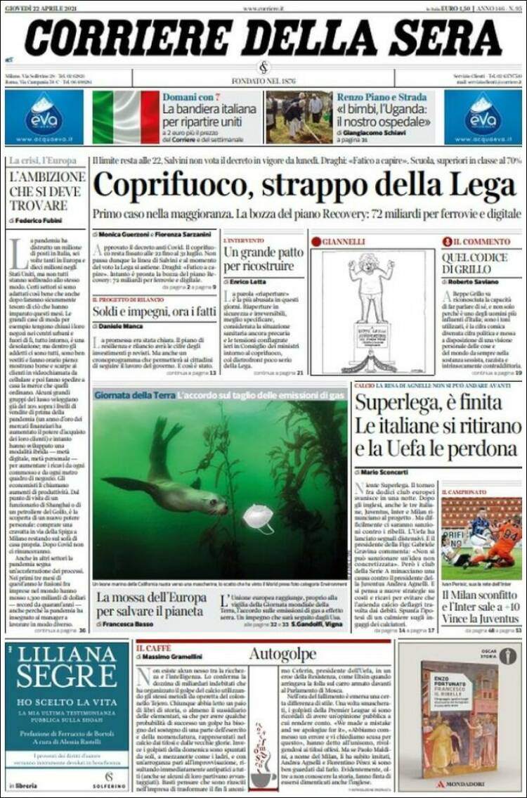 Portada de Corriere della Sera (Italia)