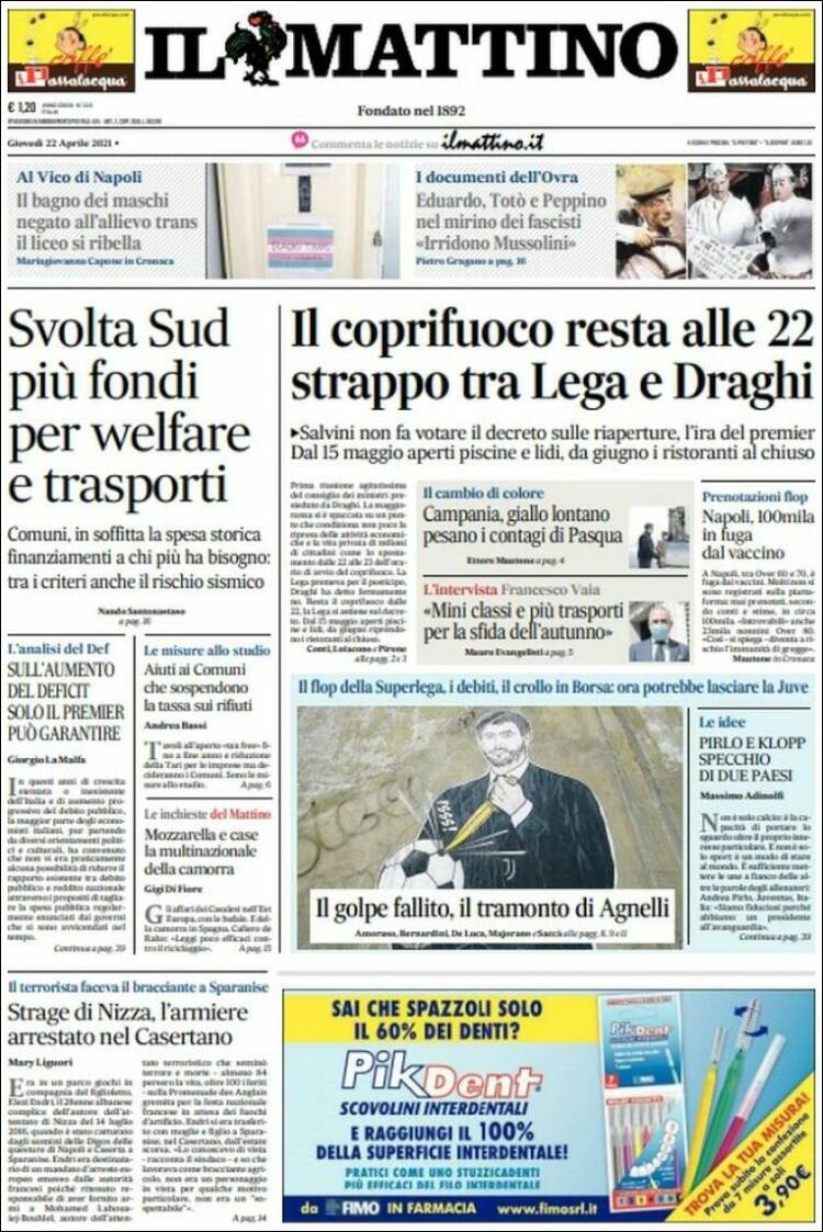 Portada de Il Mattino (Italia)