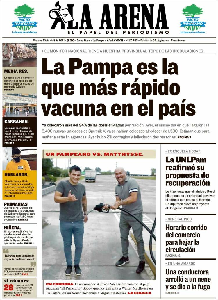 Portada de Diario La Arena (Argentina)