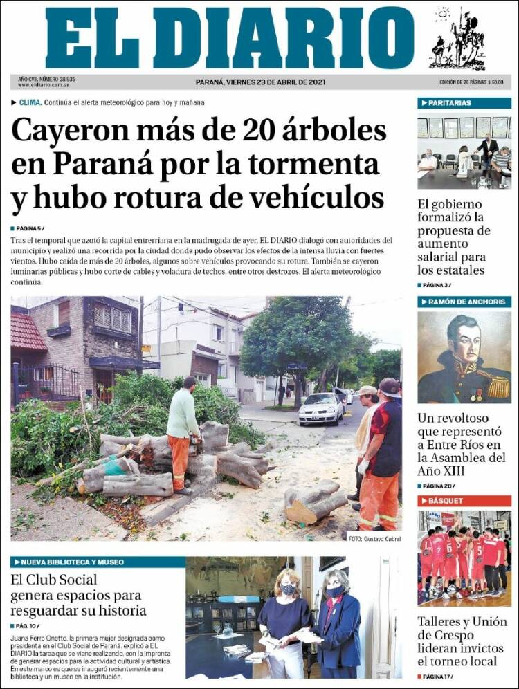 Portada de El Diario de Paraná (Argentina)