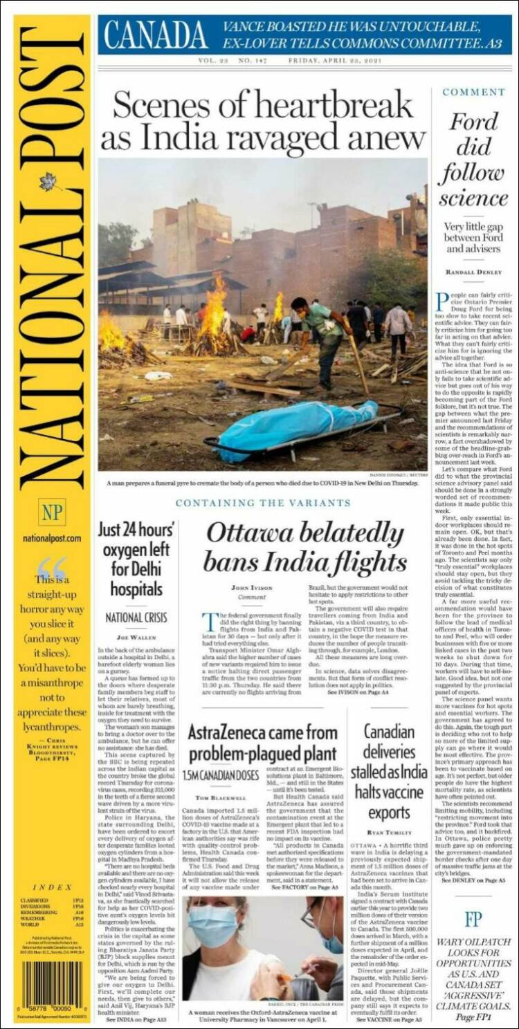 Portada de The National Post (Canadá)