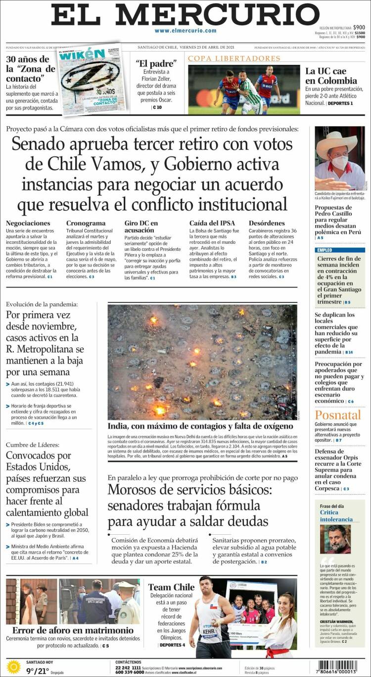 Portada de El Mercurio (Chili)