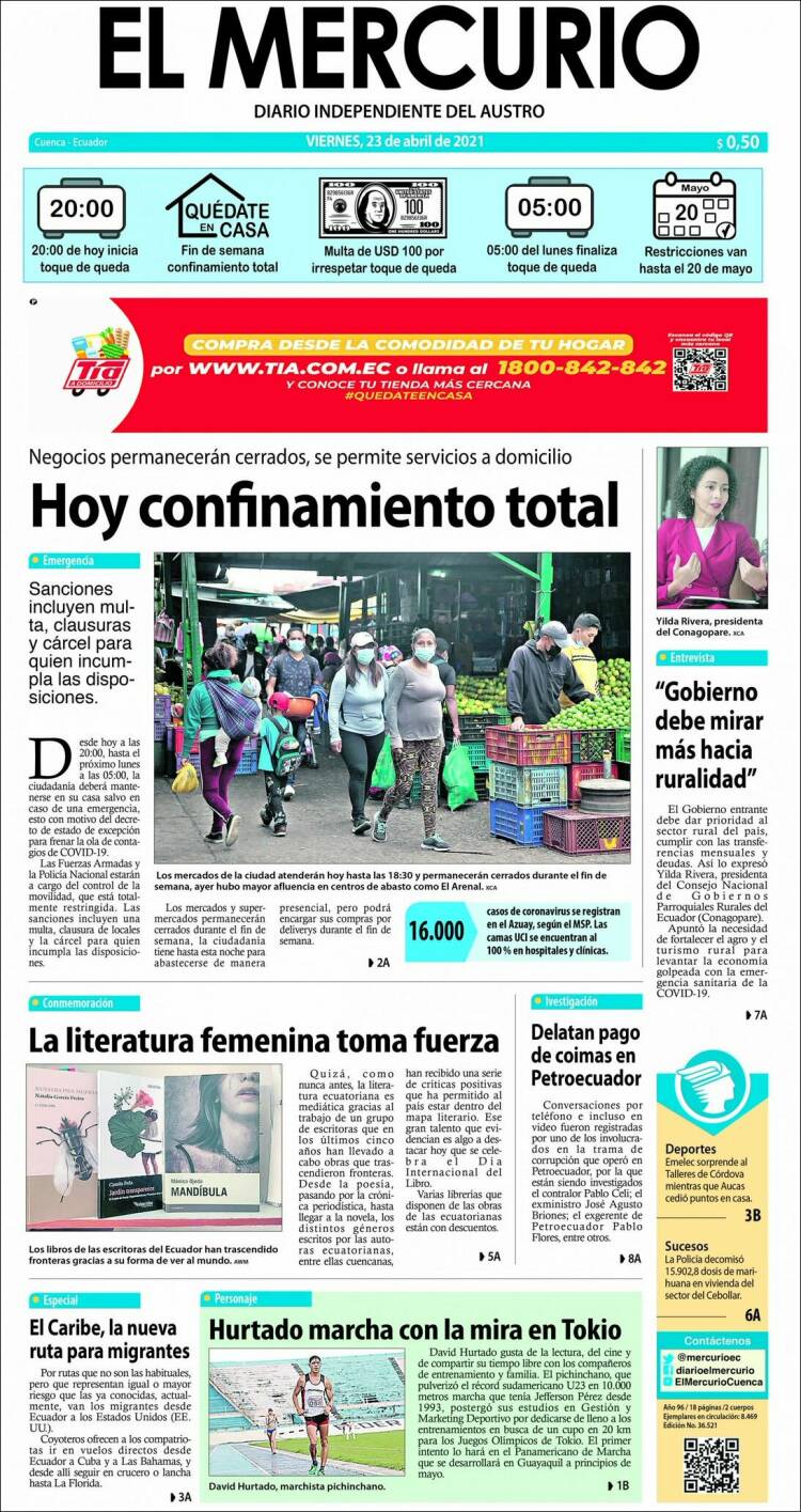 Portada de Diario El Mercurio (Ecuador)