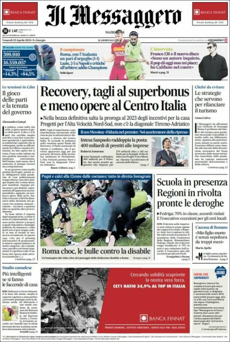 Portada de Il Messaggero (Italia)