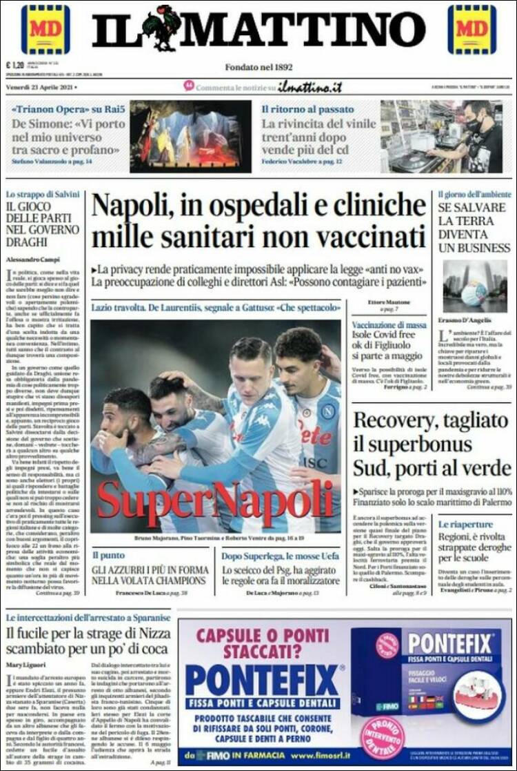 Portada de Il Mattino (Italia)