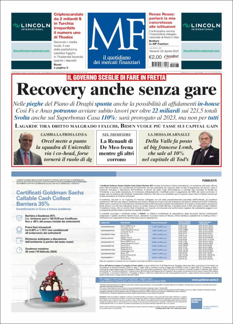 Portada de Milano Finanza (Italia)