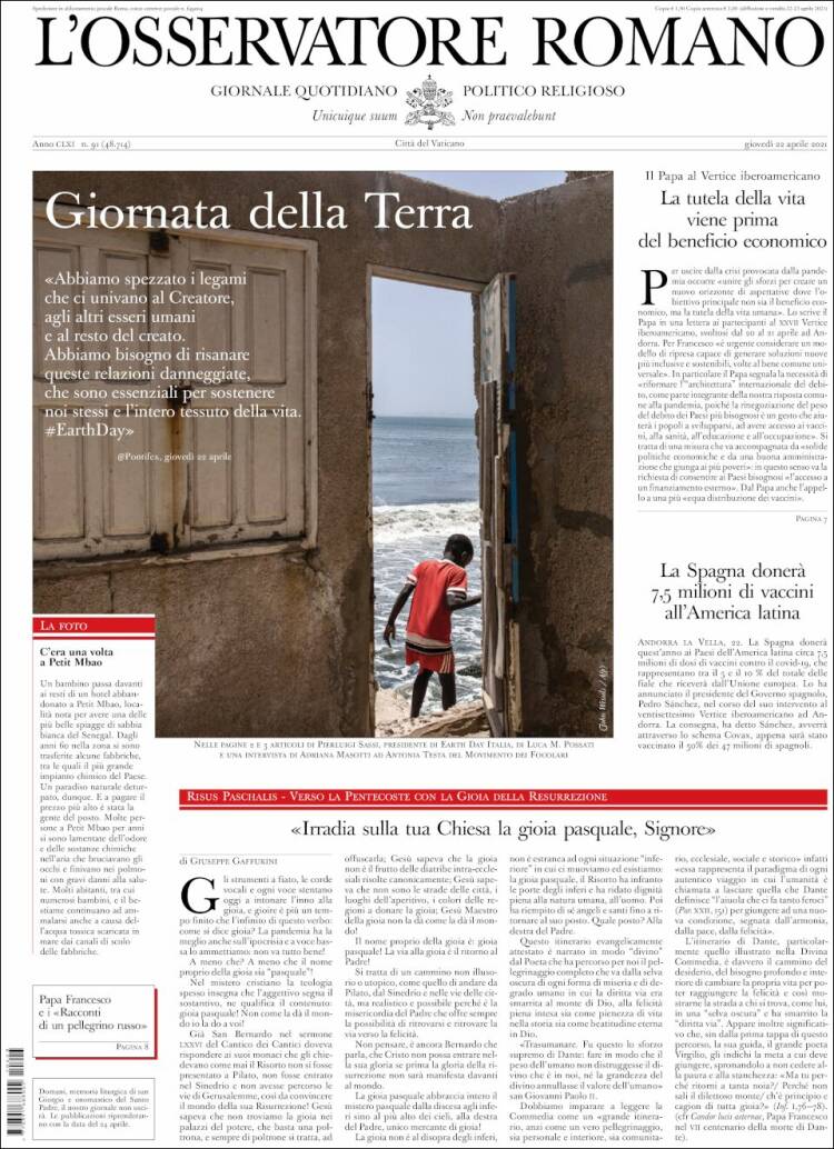 Portada de L'Osservatore Romano (Italia)