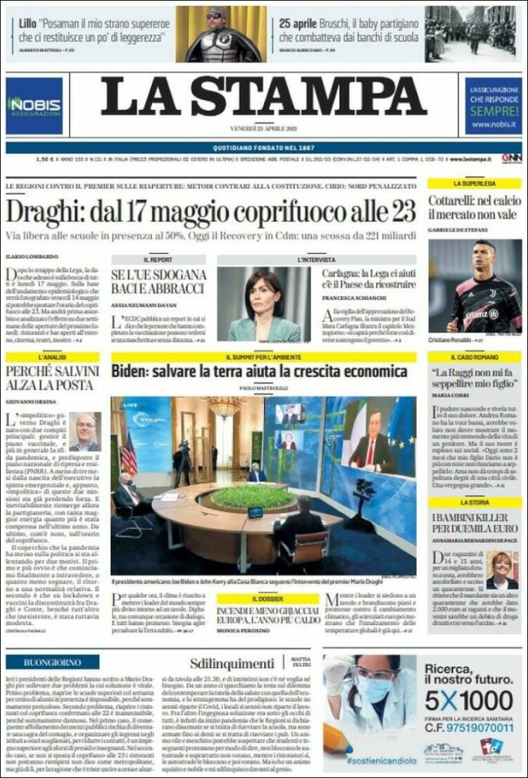 Portada de La Stampa (Italia)