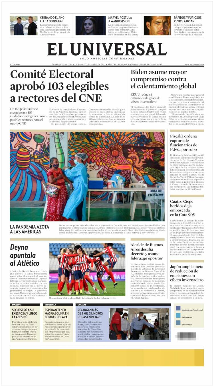 Portada de Universal (Venezuela)