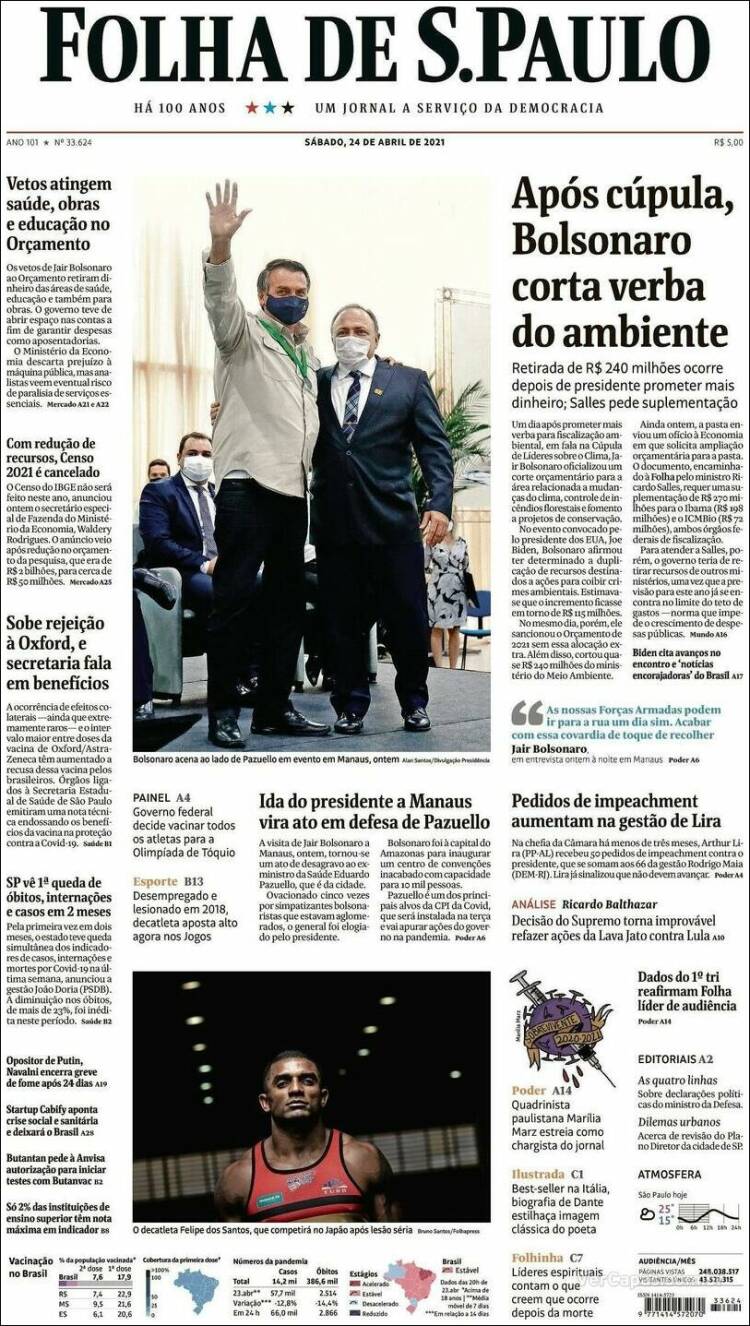 Portada de Folha de São Paulo (Brasil)