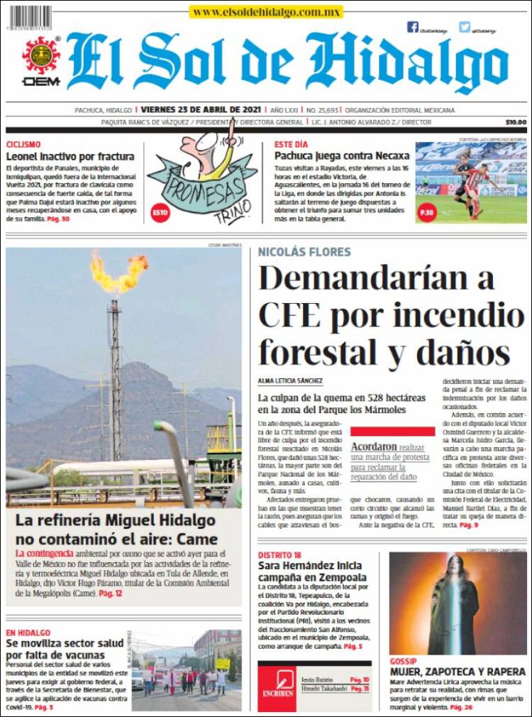 Portada de El Sol de Hidalgo (México)