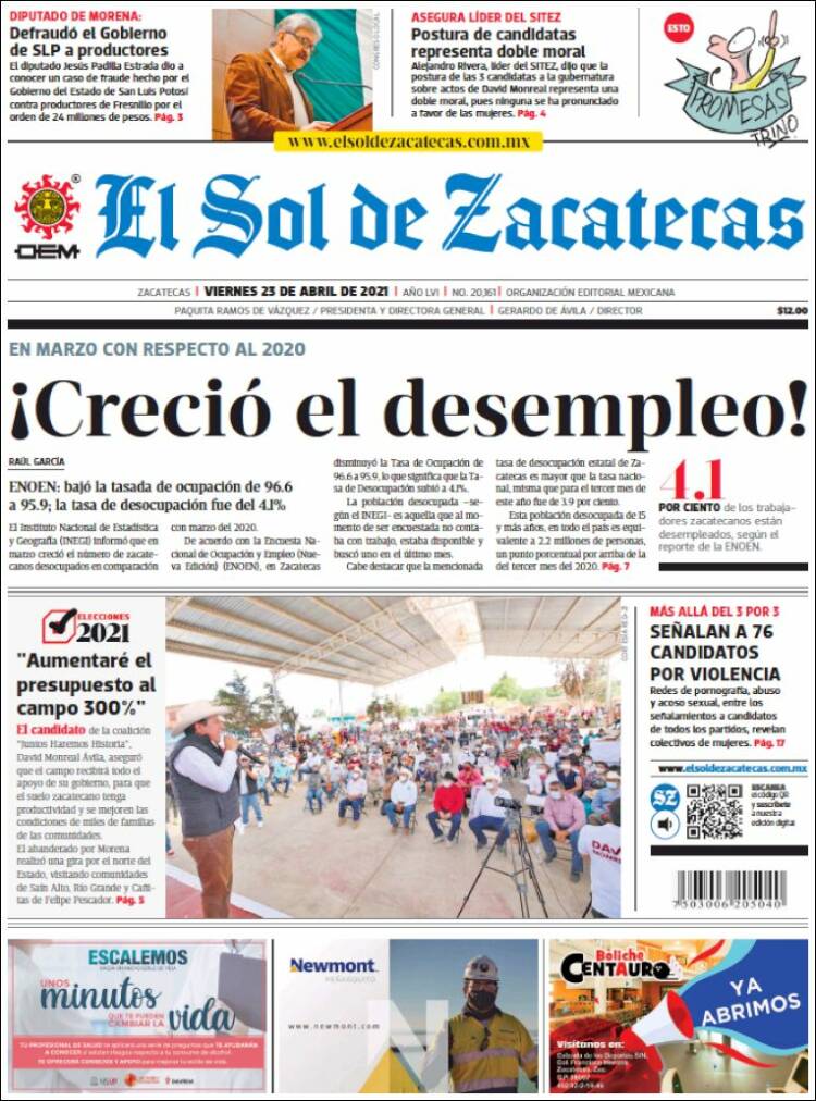 Portada de El Sol de Zacatecas (México)