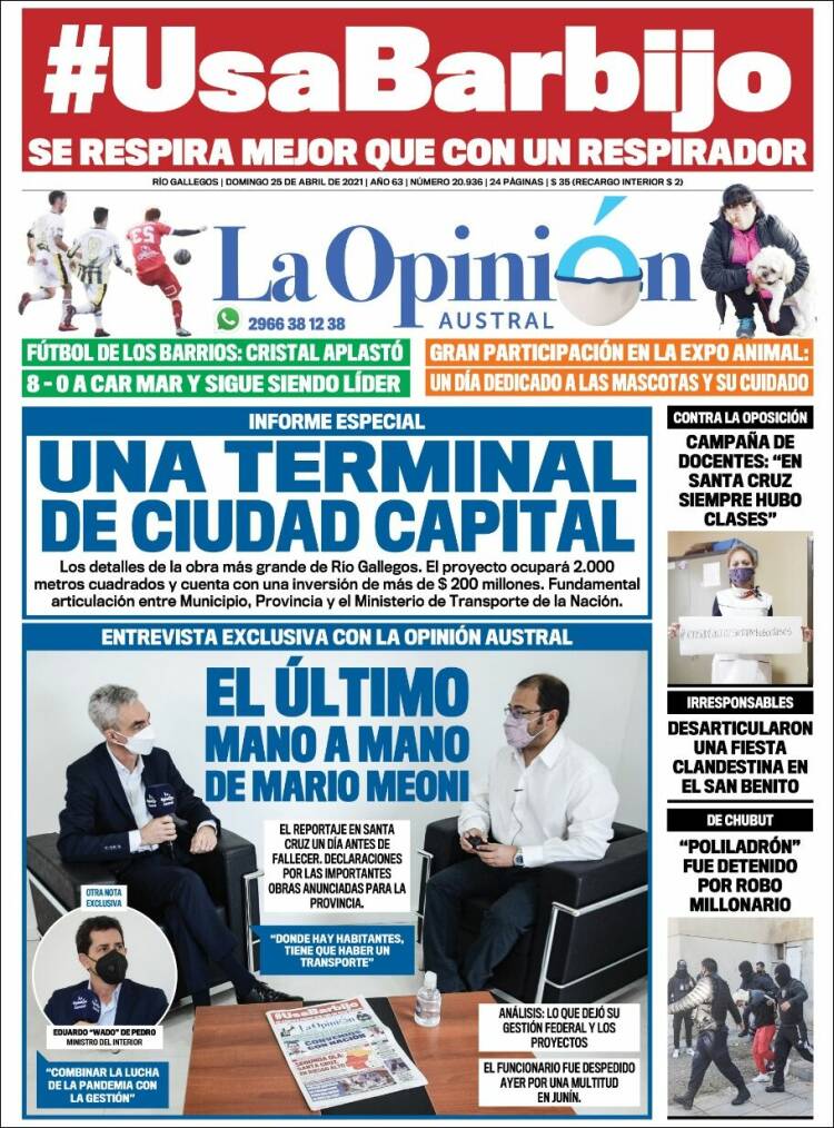 Portada de La Opinión Austral (Argentina)