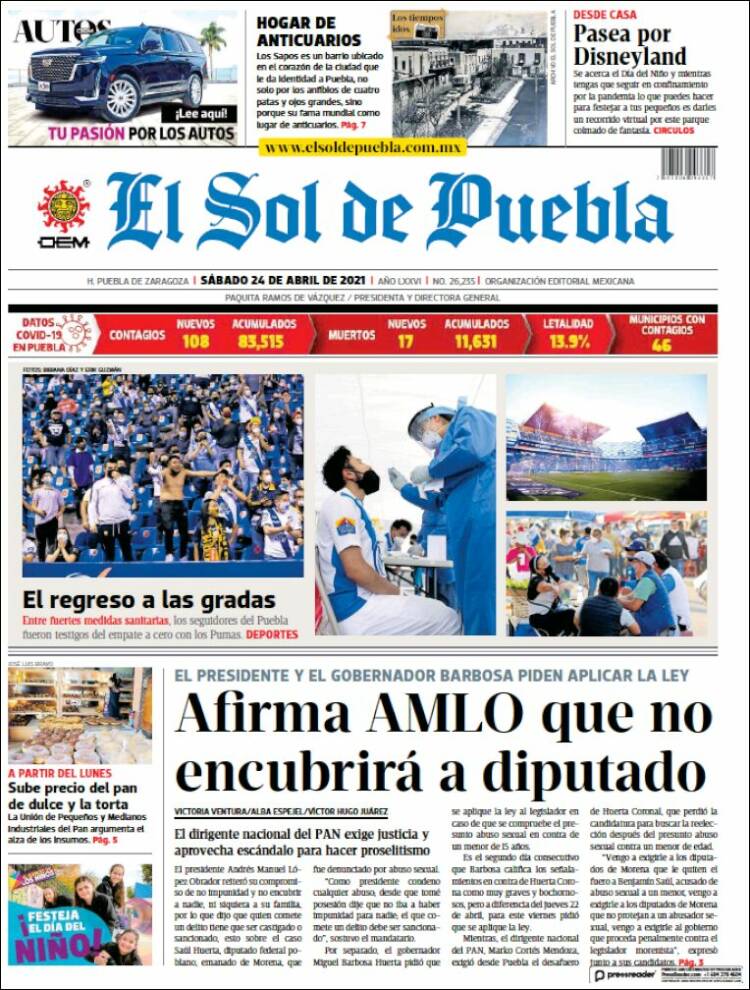 Portada de El Sol de Puebla (México)