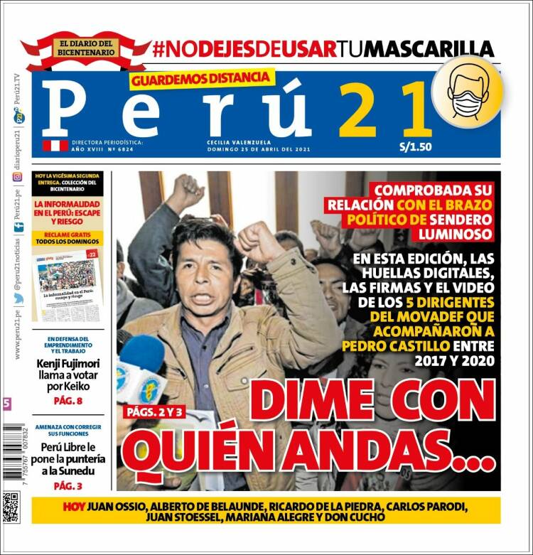 Periódico Perú 21 (Perú). Periódicos de Perú. Edición de domingo, 25 de