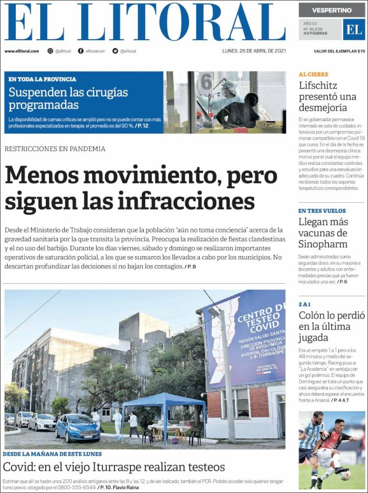 Portada de Diario El Litoral (Argentina)