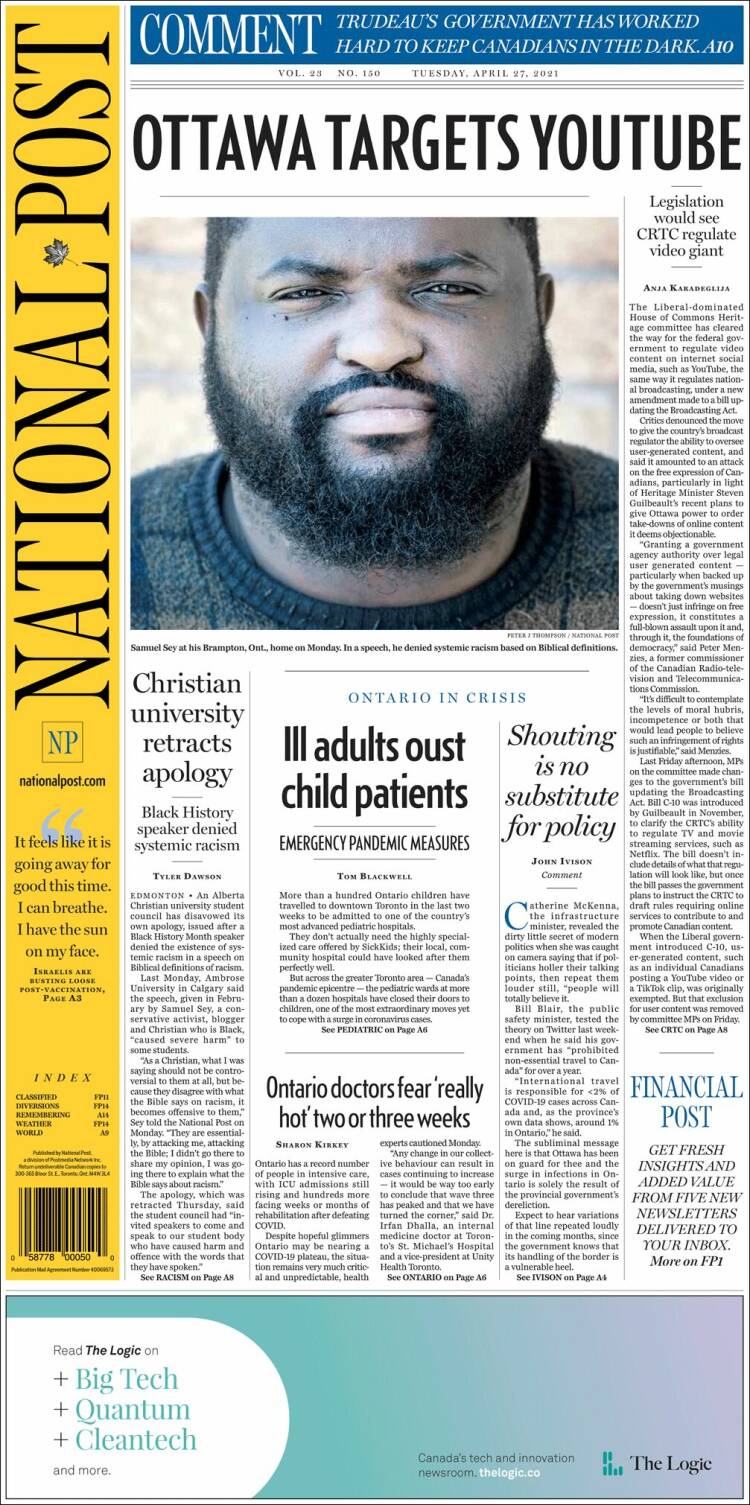 Portada de The National Post (Canadá)