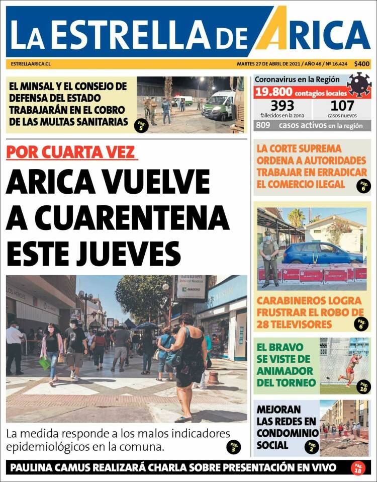 Portada de La Estrella de Arica (Chile)