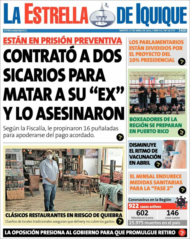 Portada de La Estrella de Iquique (Chile)