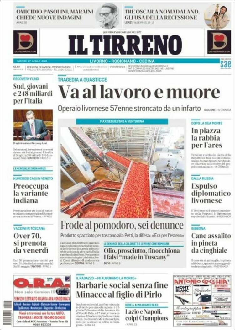 Portada de Il Tirreno (Italia)