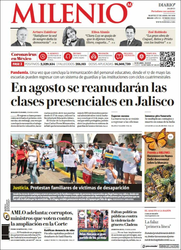 Portada de Milenio - Jalisco (México)