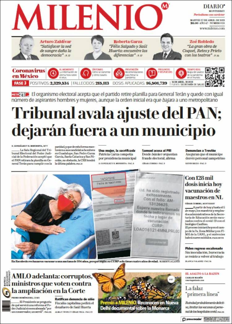 Portada de Milenio de Monterrey (México)