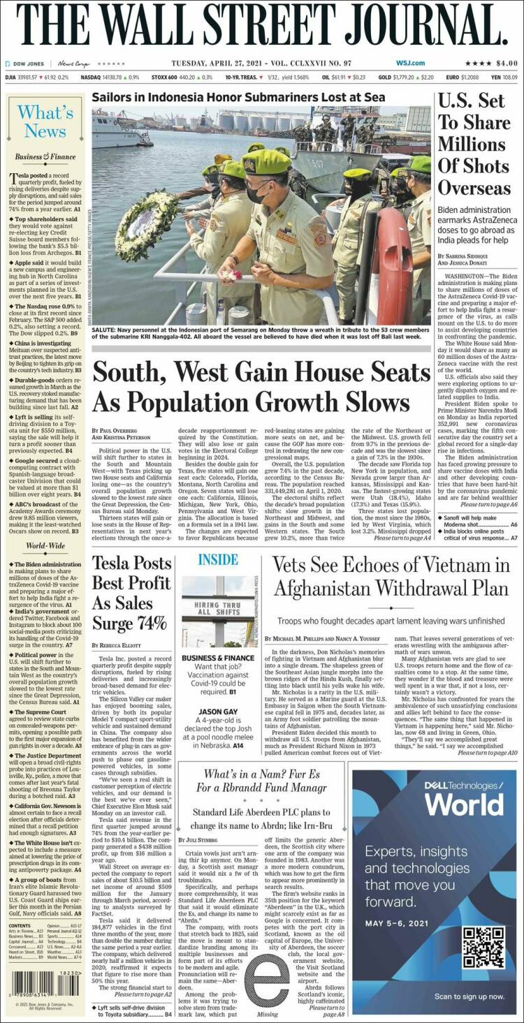 Portada de Wall Street Journal (USA)