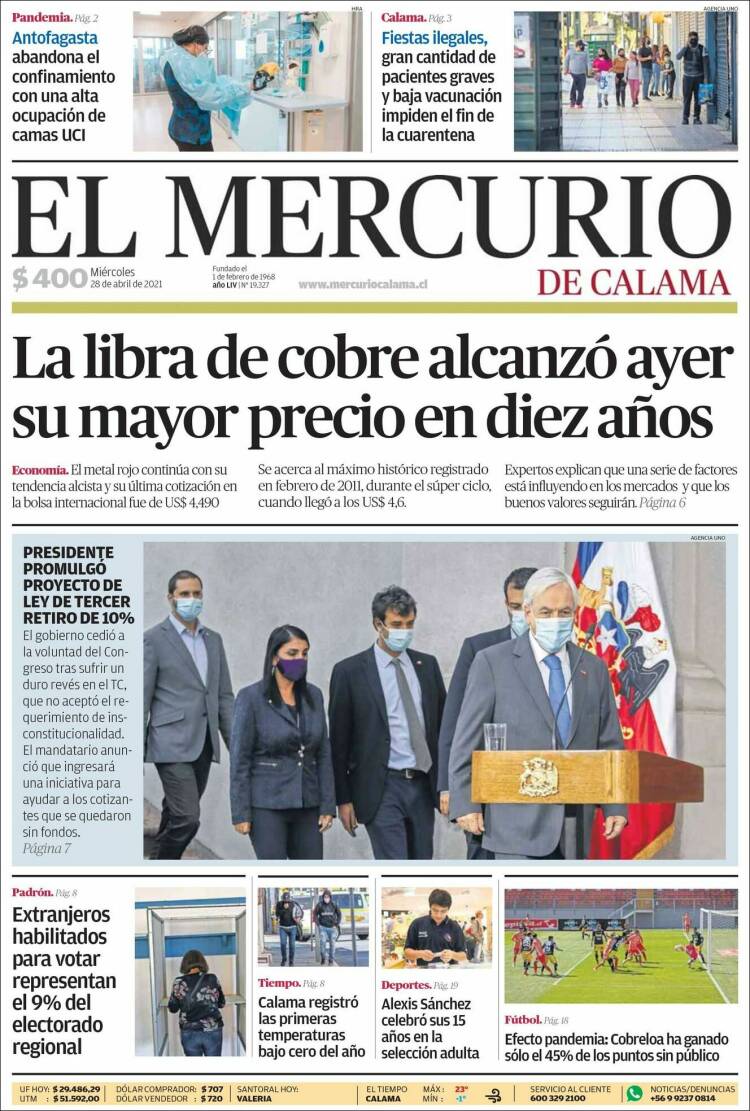 Portada de El Mercurio - Calama (Chile)