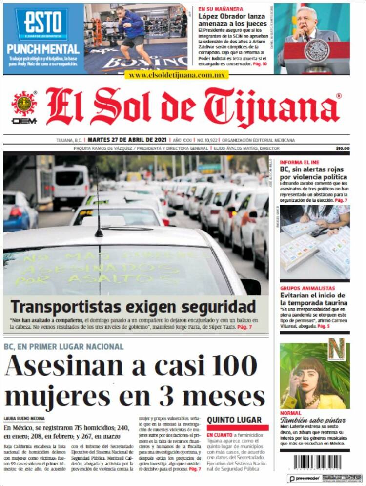 Portada de El Sol de Tijuana (México)