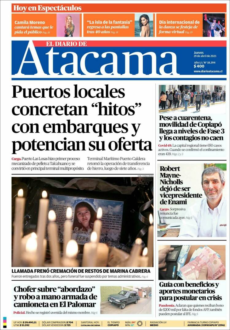 Portada de Diario de Atacama (Chile)