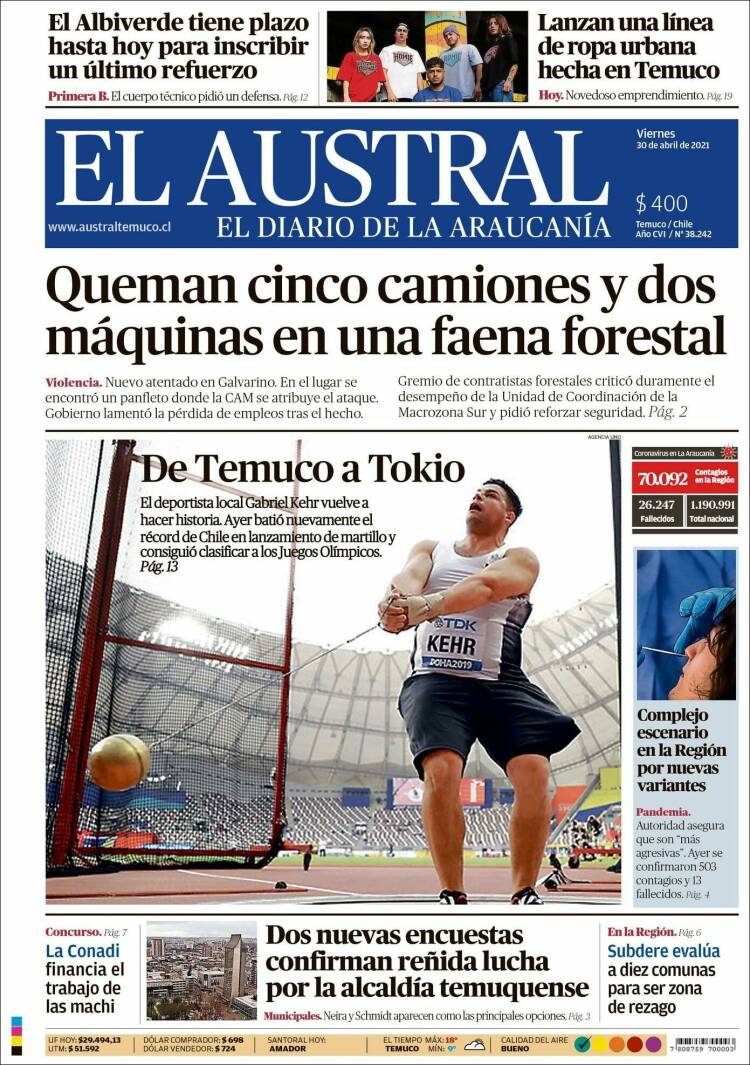 Portada de El Austral de Temuco (Chile)