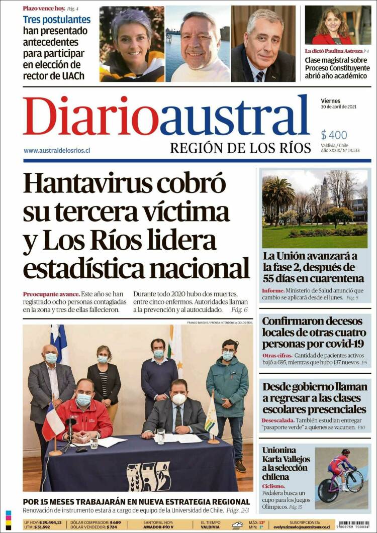 Portada de El Diario Austral de Valdivia (Chile)