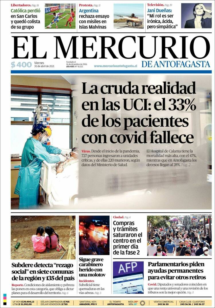 Portada de El Mercurio de Antofagasta (Chile)
