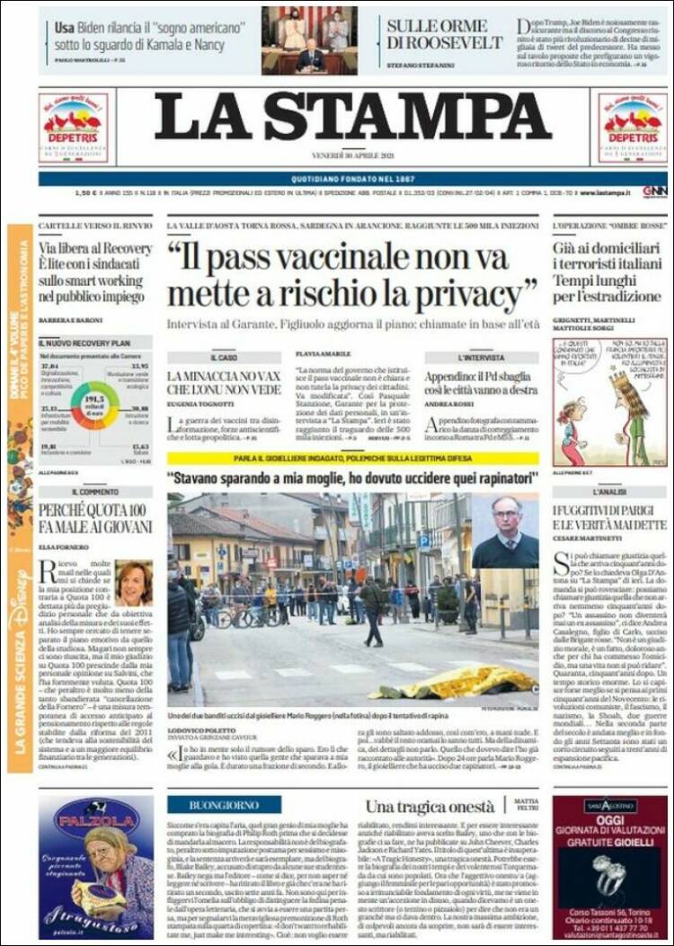 Portada de La Stampa (Italia)