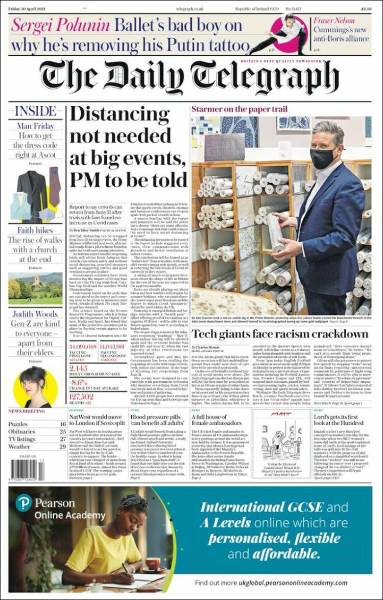 Portada de Daily Telegraph (Reino Unido)