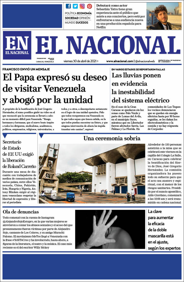 Portada de El Nacional (Venezuela)