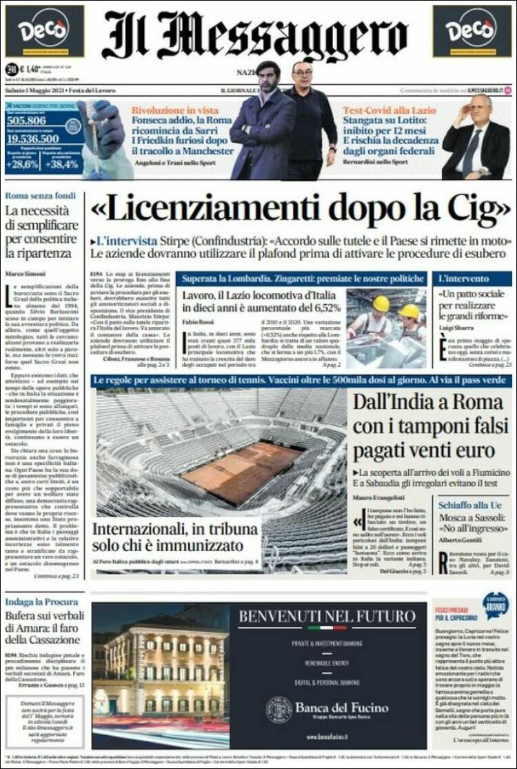 Portada de Il Messaggero (Italia)