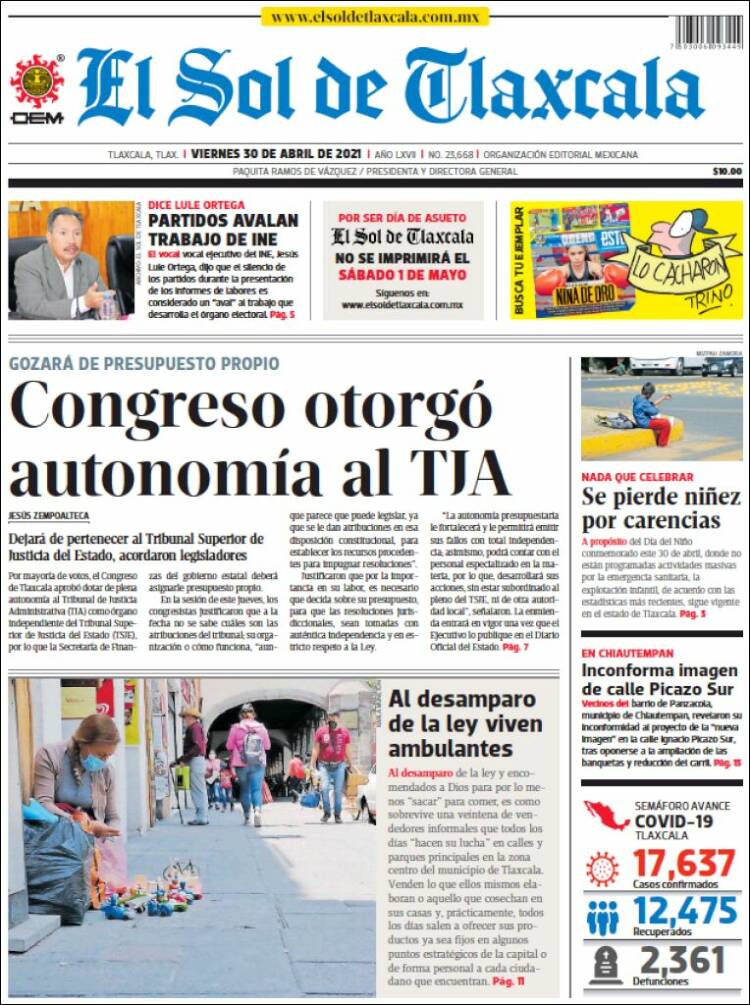 Portada de El Sol de Tlaxcala (M&eacute;xico)