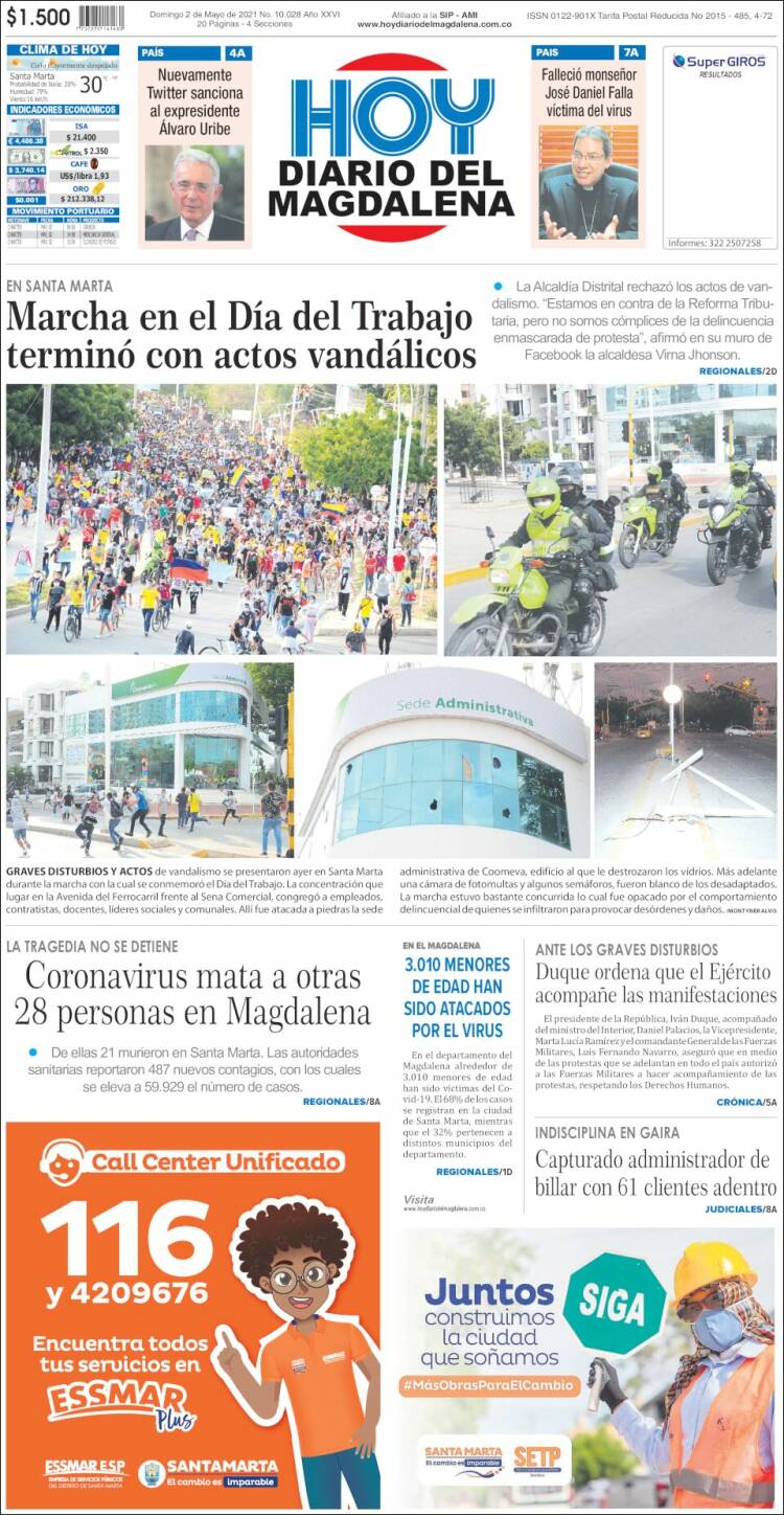 Portada de Hoy Diario del Magdalena (Colombia)