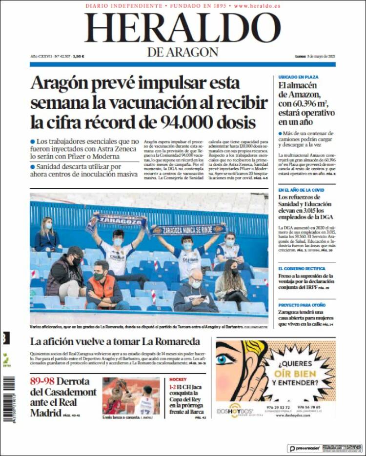 Portada de Heraldo de Aragón (España)